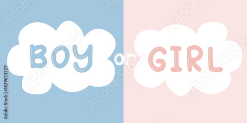 Playful pastel design with Boy or Girl lettering inside clouds. Perfect for gender reveal events, baby shower decorations, and nursery prints.