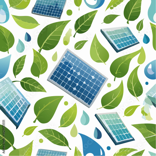 Seamless vector pattern of eco icons including leaves, recycling symbols, water drops, and solar panels, green and blue tones