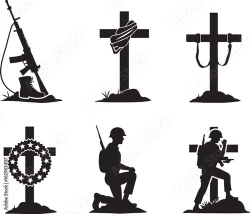 Honoring fallen soldiers with crosses, wreaths, and military symbols