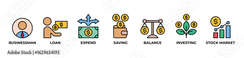 Smart Financial Growth Icons set vector illustration color with  Businessman, Loan, Expend, Saving, Balance, Investing, Stock market