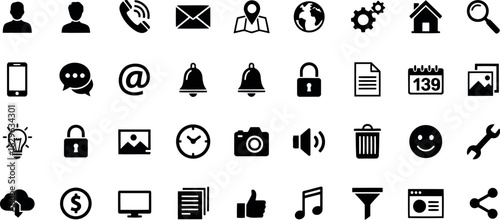 Vector art of set of flat black icons representing various digital services, communication tools, and business elements, isolated on white background transparent background