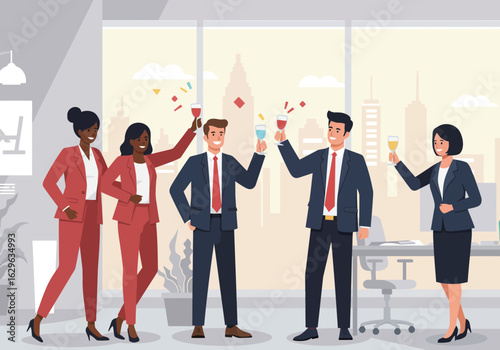 Diverse Business Team Celebrating Success with Drinks in Modern Office