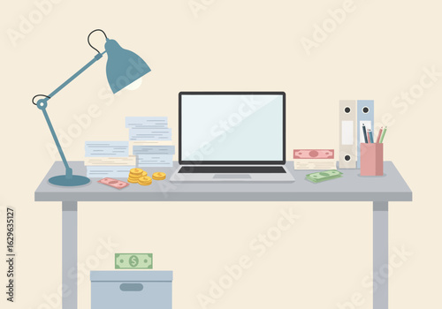 Organized Desk with Laptop, Lamp, Documents, Money and Stationery