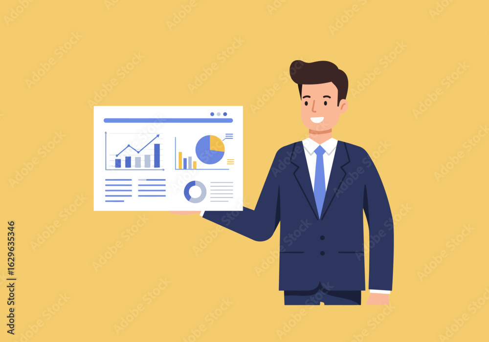 Businessman Presenting Data Analysis with Charts and Graphs on a Whiteboard Businessman Presenting Data Analysis with Charts and Graphs on a Whiteboard