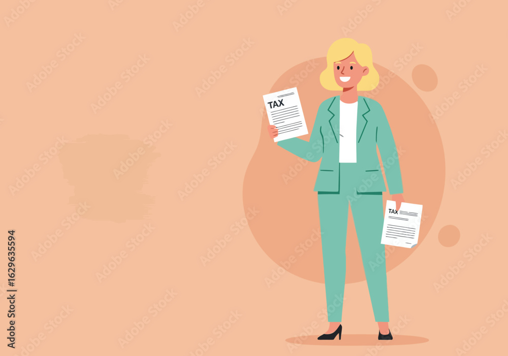 Smiling Woman in Suit Holding Tax Documents Smiling Woman in Suit Holding Tax Documents