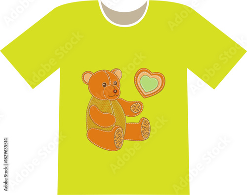 Patchwork imitation on t-shirt. Teddy bear and colorful heart. 