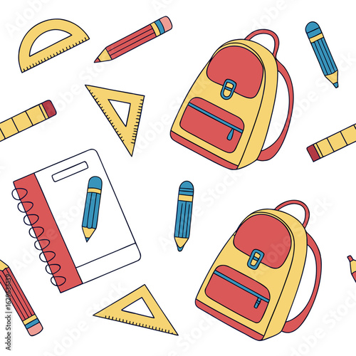 Illustration showing school supplies including backpacks pencils notebook protractor and triangle rulers scattered