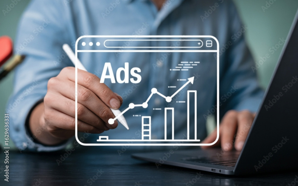 Obraz premium Person using stylus on digital screen with ads and growth chart digital marketing online advertising
