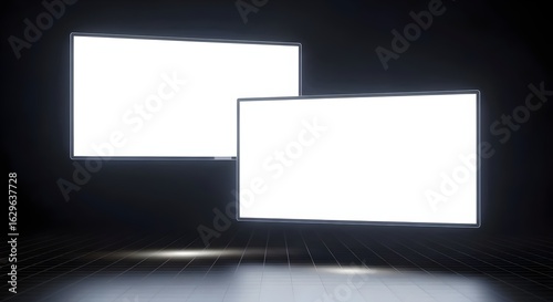 Two large floating rectangular digital screens, computer monitors, with content areas, hovering in a surreal, minimal virtual space.. control room, holographic, modern, wireframe, reflection, floating