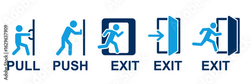 exit sign, pull or push to open sign set. exit sign for emergency escape, fire exit, exit direction, urgency exit, safety, leaving, hospital, railway, evacuation, guidance, information etc use
