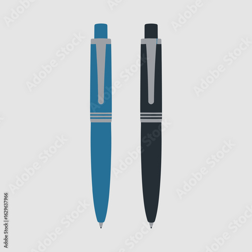 Two modern ballpoint pens one blue and one black isolated on a light background