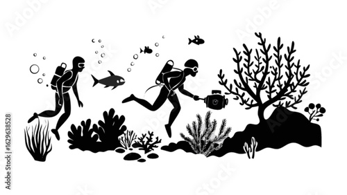 Explore underwater world scuba diving adventure with ocean life and marine ecosystem black and white vector art