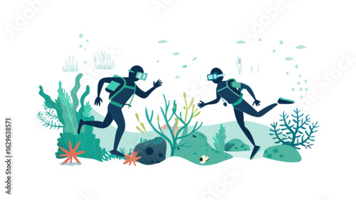 Underwater scuba diving adventure with divers exploring coral reef and marine life in ocean illustration