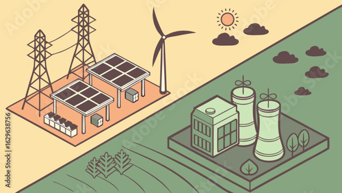Renewable energy vs fossil fuel power generation illustration for environmental awareness campaign use case