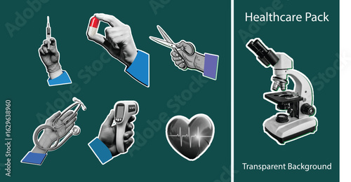 Healthcare halftone photo collage cutouts set, hands holding Syringe, scissor, Thermometer, Pill Capsule, Stethoscope, Microscope, Heart etc. stickers concept with retro vintage texture.