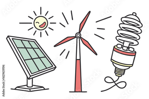 Renewable energy resources illustration featuring solar panel wind turbine and energy efficient light bulb concept