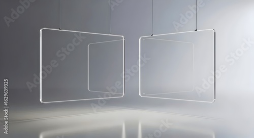 Two large floating rectangular digital screens, computer monitors, with content areas, hovering in a surreal, minimal virtual space.. control room, holographic, modern, wireframe, reflection, floating
