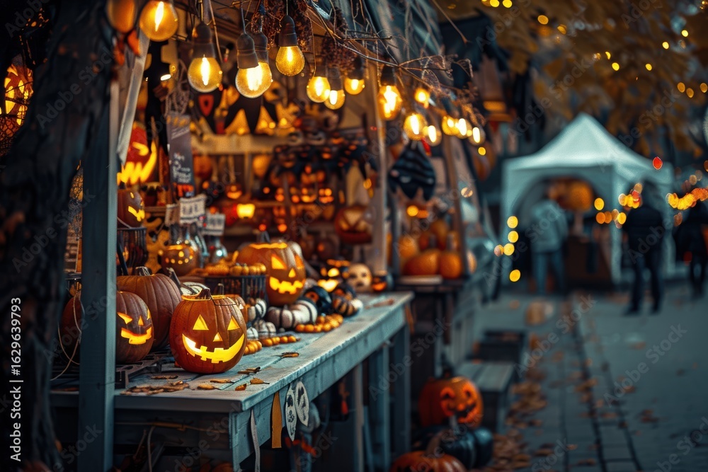 Obraz premium Festive halloween market stall adorned with glowing jackolantern pumpkins and warm string lights creates spooky autumn night atmosphere for celebration
