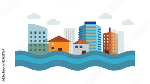 Flood disaster illustration showing flooded city buildings and houses with rising water levels vector art