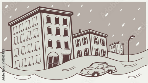 Winter snowstorm cityscape illustration of city buildings and car buried in deep snow covered streets scene design