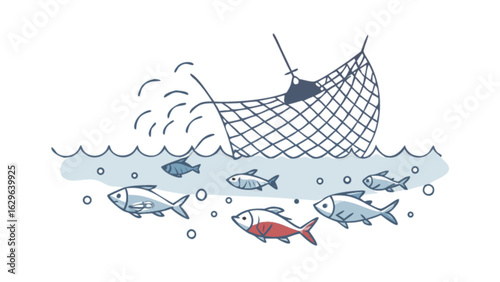 Cartoon fish catching illustration vector design fishnet fishing scene underwater marine life aquatic animals art