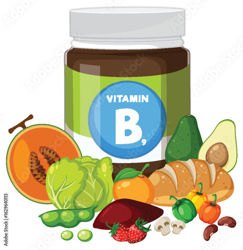 Vitamin B9 Supplement Jar with Folate-Rich Foods