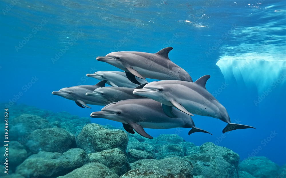Obraz premium Pod of sleek gray dolphins swimming in clear blue green ocean water over rocky reef image