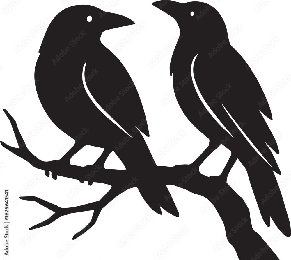 Naklejka premium Silhouetted Pair of Ravens Perched on a Branch Symbolizing Omens, Mystery and Intelligence in Gothic Dark Art