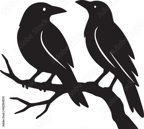Silhouetted Pair of Ravens Perched on a Branch Symbolizing Omens, Mystery and Intelligence in Gothic Dark Art