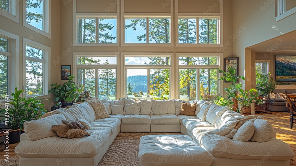Fototapeta premium Spacious, sunlit great room with expansive windows showcasing a scenic view