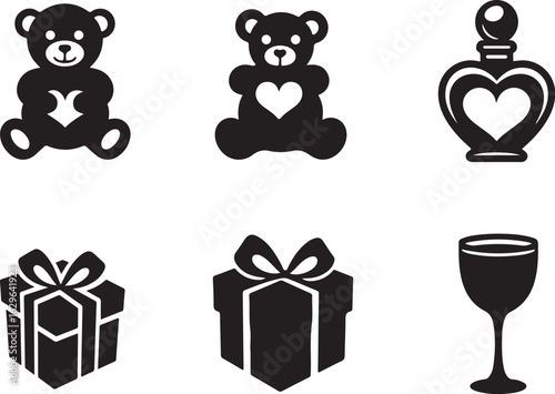 Adorable teddy bears, perfume bottle, gift boxes, wine glass icons