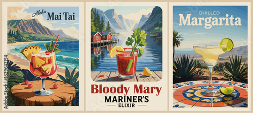 Set of retro cocktail posters featuring Mai Tai in Hawaii, Bloody Mary in Norway, and Margarita in Mexico. Vintage vector style blending classic drinks with iconic travel scenes
