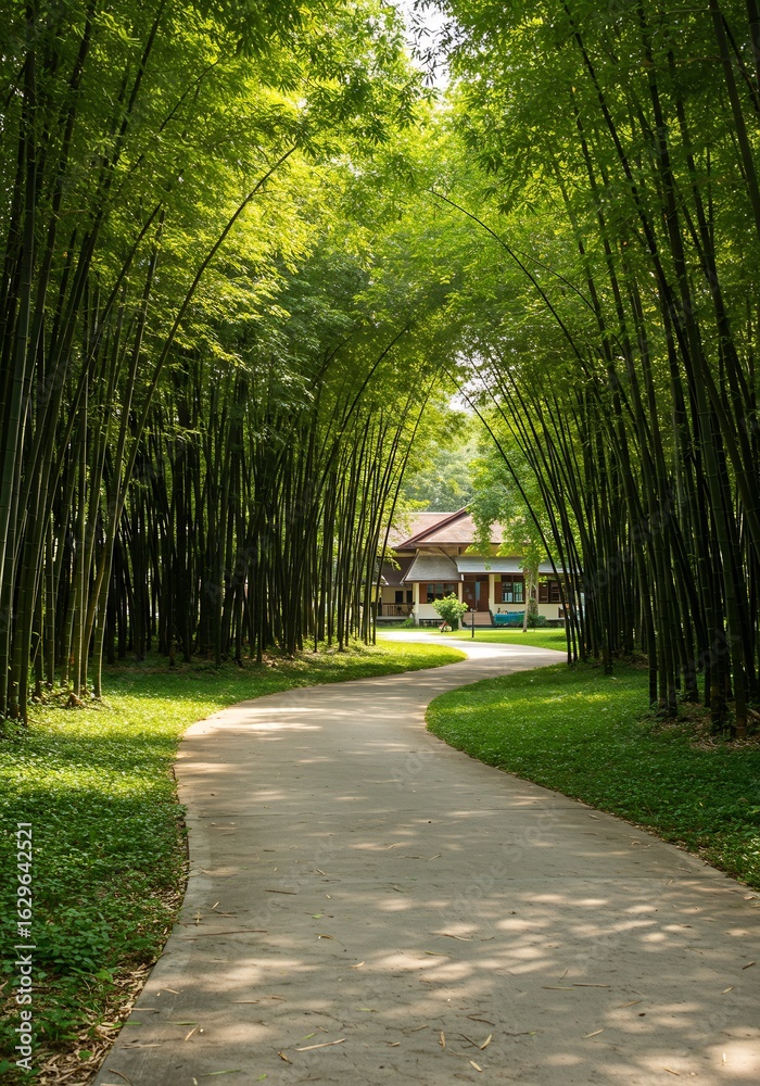 Fototapeta premium 緑の竹林を抜け美しい庭園へ続く道
