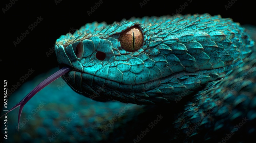 Fototapeta premium Close up of a turquoise snake with its tongue flicking
