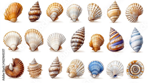 Assorted seashells are digitally illustrated in a colorful, whimsical cartoon vector style on white.