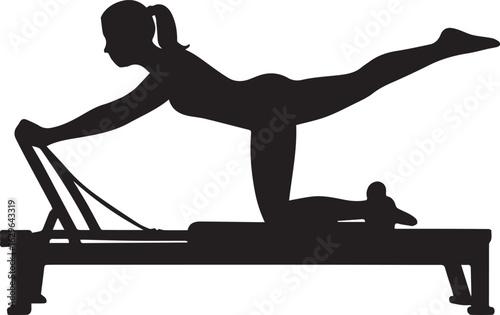 Silhouette of Woman Performing Pilates Exercise on Reformer Machine Demonstrating Balance, Strength, and Core Engagement for Fitness