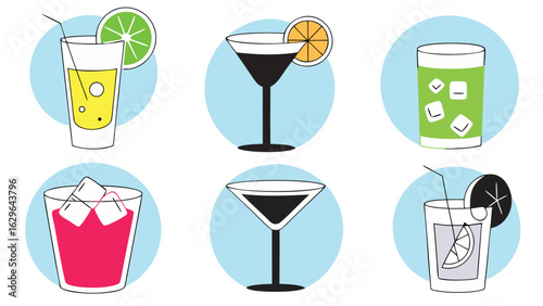 Flat design illustration collection of various party cocktails. Set of six different refreshing beverages with fruit garnish.