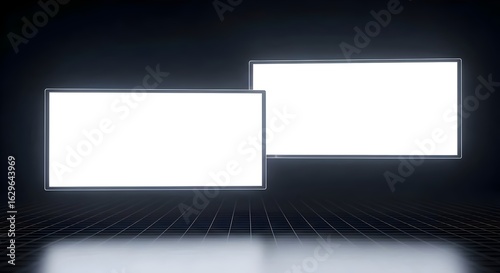 Two large floating rectangular digital screens, computer monitors, with content areas, hovering in a surreal, minimal virtual space.. control room, holographic, modern, wireframe, reflection, floating