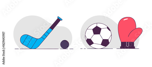 Collection of sports equipment illustrations featuring a field hockey stick, soccer ball, and boxing glove for various athletic activities.
