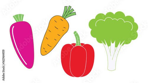 Colorful illustration set of fresh garden vegetables. Stylized icons of carrot, pepper, broccoli, and beet for healthy eating concepts.