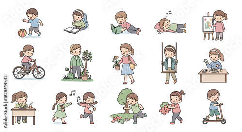 Vector illustrations of children's daily activities. A set of cute kids engaged in various hobbies, learning, and play.