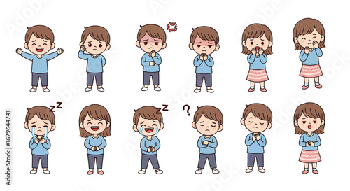 Set of cute cartoon boy and girl characters with various emotions and expressions. A collection of children feeling happy, sad, angry, and sick on a white background.
