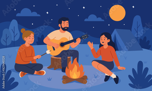 Illustration of a group enjoying a night around a campfire with a guitar, marshmallows, and lively conversation under the moonlight.