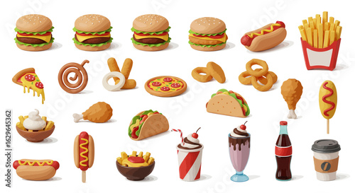 Colorful 3D collection of plasticine-style fast food icons. This set includes burgers, pizza, tacos, and drinks, isolated on a white background.
