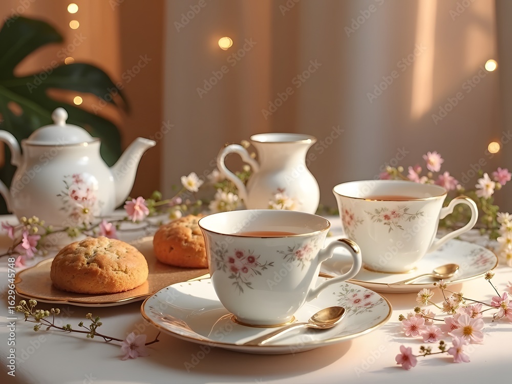 Fototapeta premium Elegant Afternoon Tea Selection: high-end tea menu display with delicate porcelain cups, scones, and floral garnishes, soft light and elegant background
