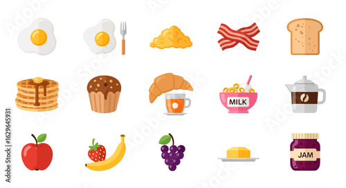A vibrant collection of flat design breakfast food icons. A diverse set of morning meal illustrations including eggs, bacon, pancakes, and fruit.
