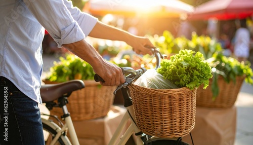 A person holds a bicycle with a basket of fresh lettuce at a sunny outdoor farmers' market.