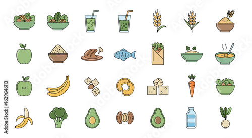 Collection of colorful food and drink line icons. Healthy eating and balanced diet illustration concept for wellness.