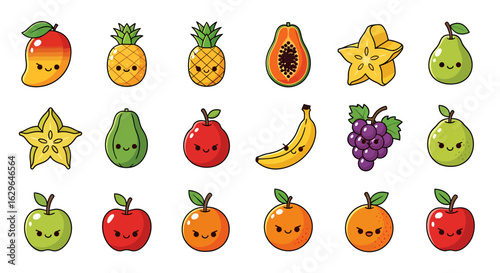 Set of adorable kawaii fruit characters. A vector illustration collection of smiling food mascots like apple, orange, and pineapple.