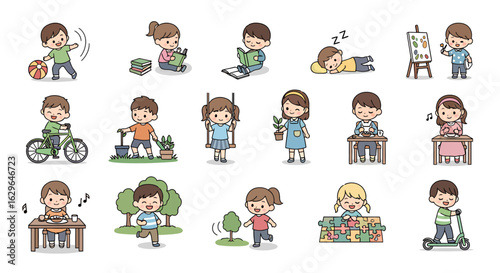 Collection of cute cartoon children illustrating various daily activities, hobbies, and childhood development concepts.